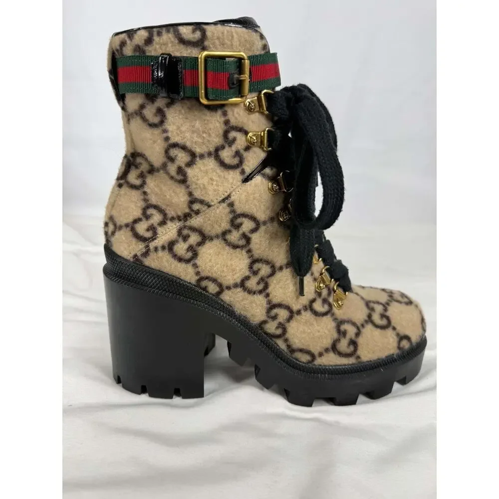 Women's Size 8.5 Gucci Web Accent Wool Combat Boots SPB-JB 371720